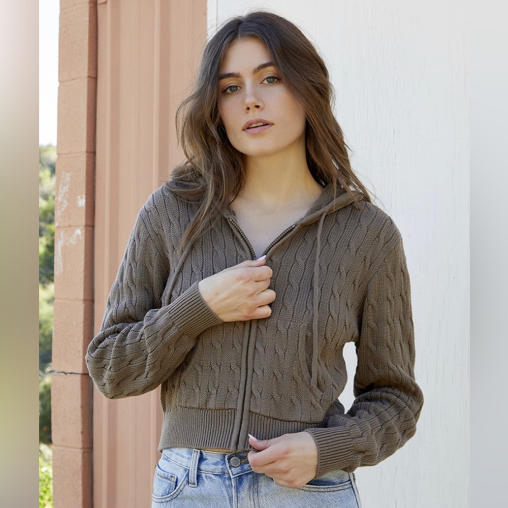 BRANDY MELVILLE John Galt Brown Cableknit Zip Hoodie